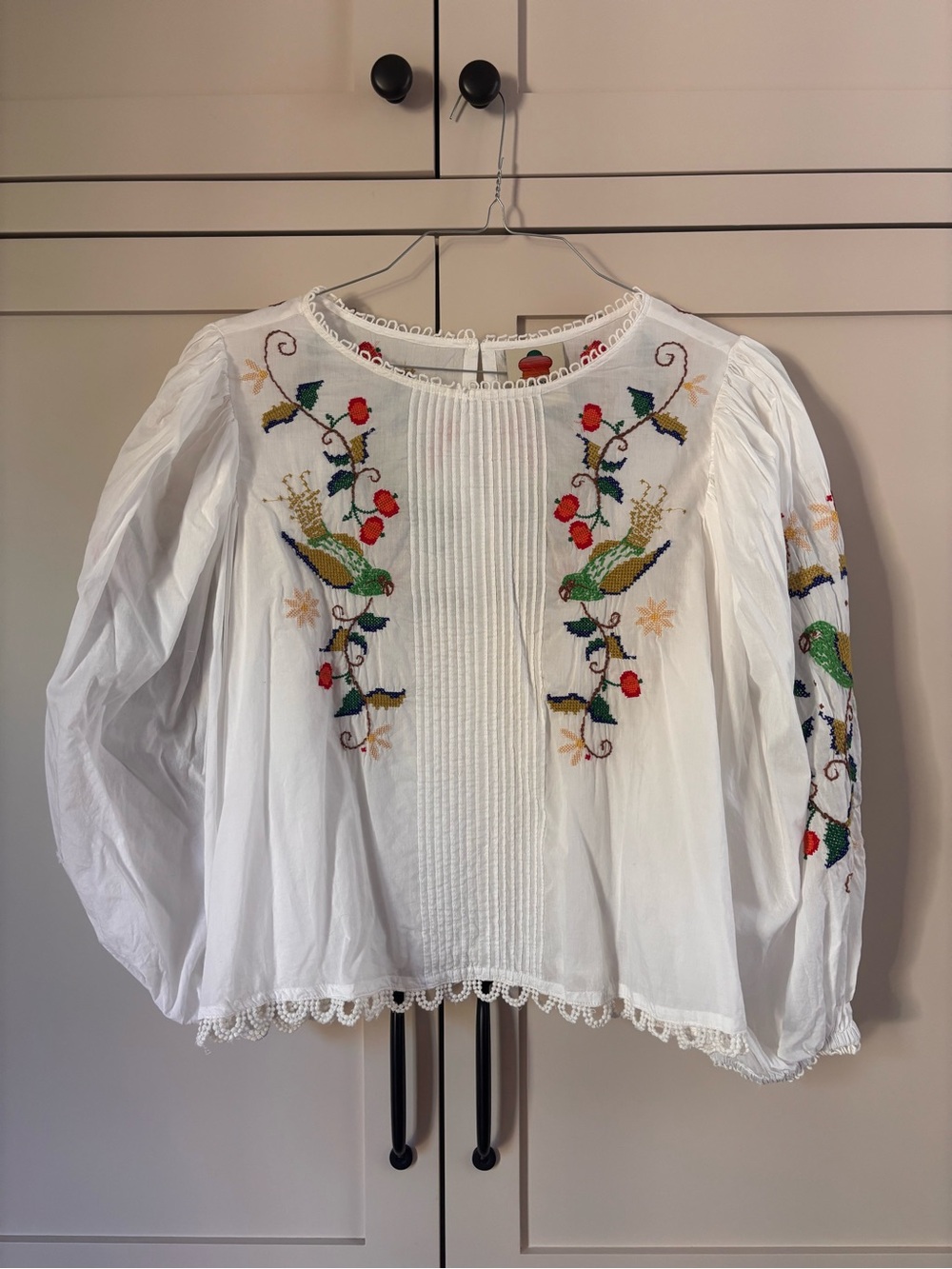 FARM Rio 2pc Set White Embroidered Ruffle Mini Skirt and Top with Floral Motifs